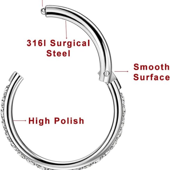 Elegant 316L Surgical Steel Nose & Cartilage Hoops with Clear CZ Stones - Picture 2 of 6